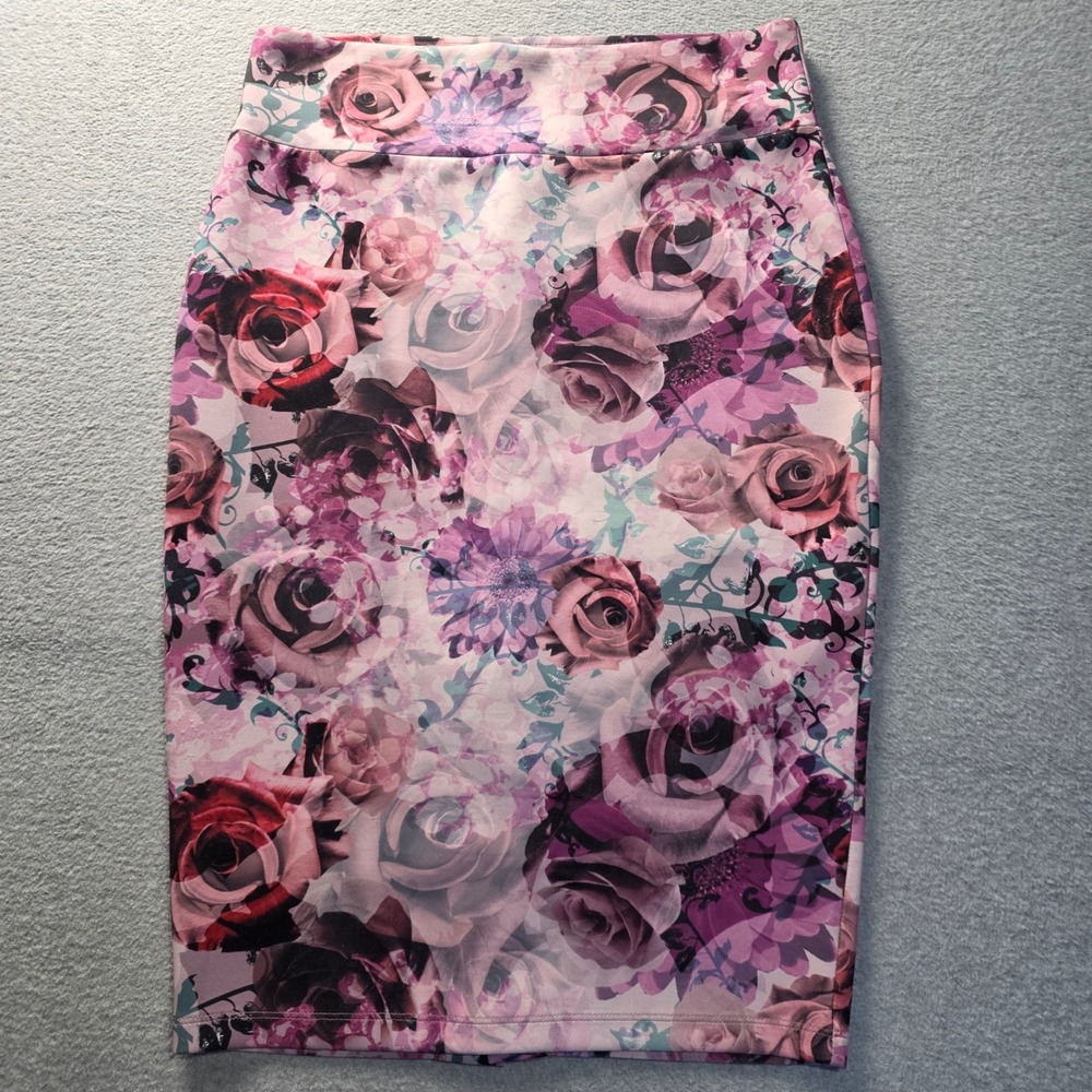 JW Los Angeles Pencil Skirt Womens M Floral Rose Pink Purple Bodycon Stretch